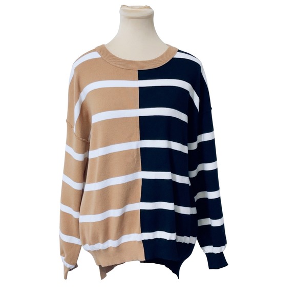 Unbranded Sweaters - Colorblock Striped Crewneck Sweater S Black Camel Preppy Nautical Oversize